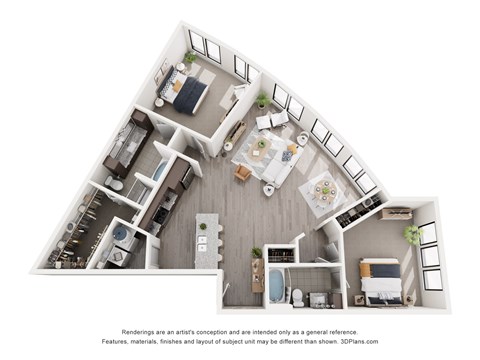 A 3D floor plan of a house with a kitchen, living room, and bathroom.